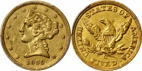 Liberty Head Half Eagle
1859-C Liberty Head Half Eagle. Winter-1, the only known dies. Die State II. AU-50 (PCGS).
Bright gold patina pairs well wit...