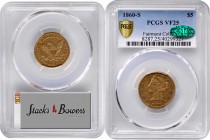 Liberty Head Half Eagle
1860-S Liberty Head Half Eagle. VF-25 (PCGS). CAC.
Deep honey-gold patina dominates both sides of this uncommonly smooth, ha...