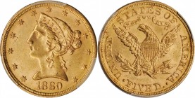 Liberty Head Half Eagle
1880 Liberty Head Half Eagle. MS-63 (PCGS). CAC.
With sharp striking detail, bountiful mint luster and pretty rose-gold pati...