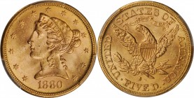 Liberty Head Half Eagle
1880-S Liberty Head Half Eagle. MS-63+ (PCGS). CAC.
Splendid honey-rose surfaces are sharply struck from the dies with a ful...