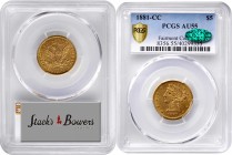 Liberty Head Half Eagle
1881-CC Liberty Head Half Eagle. Winter 1-A, the only known dies. AU-55 (PCGS). CAC.
Lovely deep honey-gold surfaces with wi...