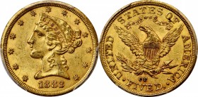 Liberty Head Half Eagle
1882-CC Liberty Head Half Eagle. Winter 1-A, the only known dies. AU-58 (PCGS).
Blushes of pinkish-rose peripheral toning en...