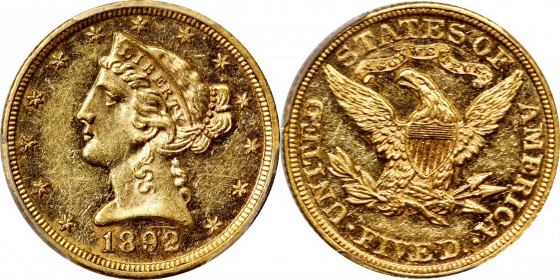 Liberty Head Half Eagle
1892 Liberty Head Half Eagle. JD-1, the only known dies...