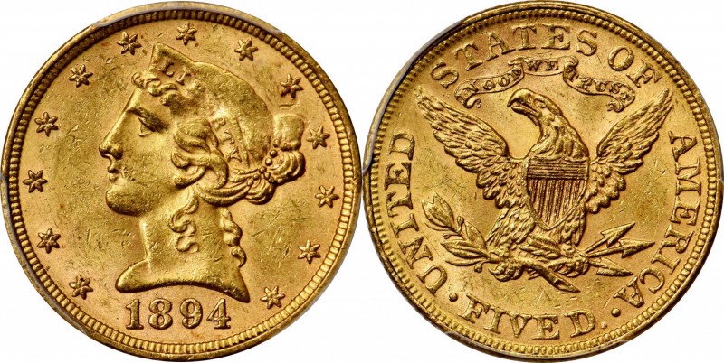 Liberty Head Half Eagle
1894 Liberty Head Half Eagle. MS-63 (PCGS).
This orang...