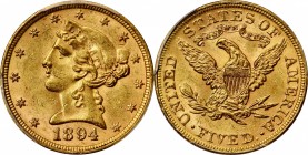 Liberty Head Half Eagle
1894 Liberty Head Half Eagle. MS-63 (PCGS).
This orange-gold example is further enhanced by frosty mint luster and sharp to ...