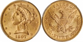 Liberty Head Half Eagle
1897 Liberty Head Half Eagle. MS-64 (PCGS). CAC.
Frosty rose-gold surfaces and sharp striking detail make this premium quali...