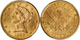Liberty Head Half Eagle
1898-S Liberty Head Half Eagle. MS-63 (PCGS). CAC.
Lustrous and frosty surfaces with tinges of pale pinkish-rose to dominant...