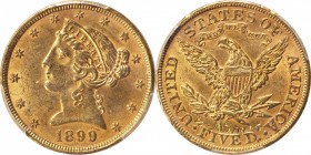 Liberty Head Half Eagle
1899 Liberty Head Half Eagle. Unc Details--Graffiti (PCGS).
A softly frosted and sharply struck example bathed in warm honey...
