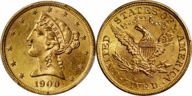 Liberty Head Half Eagle
1900 Liberty Head Half Eagle. MS-64 (PCGS).
Gorgeous orange-gold surfaces also possess full mint luster in a frosty texture....