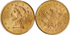Liberty Head Half Eagle
1900-S Liberty Head Half Eagle. MS-64 (PCGS).
Frosty surfaces exhibit blended pale pink highlights to dominant golden-aprico...