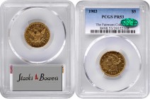 Liberty Head Half Eagle
1903 Liberty Head Half Eagle. JD-1, the only known dies. Rarity-4. Proof-53 (PCGS). CAC.
Bright golden-yellow patina and bol...