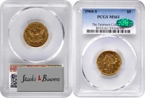 Liberty Head Half Eagle
1904-S Liberty Head Half Eagle. MS-61 (PCGS). CAC.
Pretty honey-rose surfaces are sharply struck from the rims to the center...