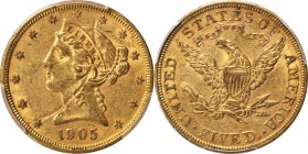 Liberty Head Half Eagle
1905 Liberty Head Half Eagle--Struck Through Obverse--AU-58 (PCGS).
This handsome honey-rose example exhibits an arcing stri...