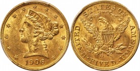 Liberty Head Half Eagle
1906-D Liberty Head Half Eagle--Struck Through Obverse--MS-62 (PCGS).
Sharply defined overall with a full endowment of frost...