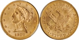 Liberty Head Half Eagle
1907-D Liberty Head Half Eagle. MS-64 (PCGS). CAC.
Frosty and overall smooth in hand, pretty rose-gold surfaces are also ful...