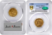 Indian Half Eagle
1908 Indian Half Eagle. MS-64 (PCGS). CAC.
The splendid medium gold surfaces of this specimen are lustrous and softly frosted. The...