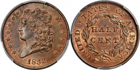 Classic Head Half Cent
1833 Classic Head Half Cent. C-1. Rarity-1. MS-66 RB (PCGS). CAC.
A superior Gem with vibrant tangerine luster and steel blue...