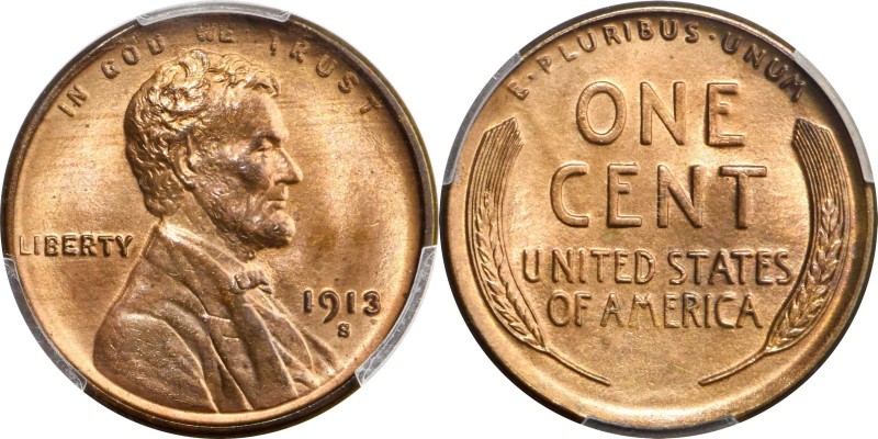 Lincoln Cent
1913-S Lincoln Cent. MS-66 RB (PCGS). CAC.
Attractive and impress...