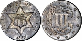Silver Three-Cent Piece
1867 Silver Three-Cent Piece. MS-66 (NGC). CAC. OH.
Boldly defined with richly frosted devices and intense satiny luster in ...