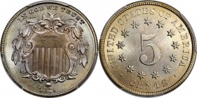 Shield Nickel
1879 Shield Nickel. MS-67 (PCGS).
Intense silky luster blankets the fields and works to emphasize the bold and richly frosted devices....