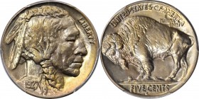 Buffalo Nickel
1927-S Buffalo Nickel. MS-65 (PCGS).
Faint pastels of gold, pink, and blue accent the satiny surfaces of this Gem. Nicely struck for ...