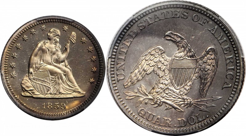 Liberty Seated Quarter
1859 Liberty Seated Quarter. Type II Reverse. Proof-66+ ...