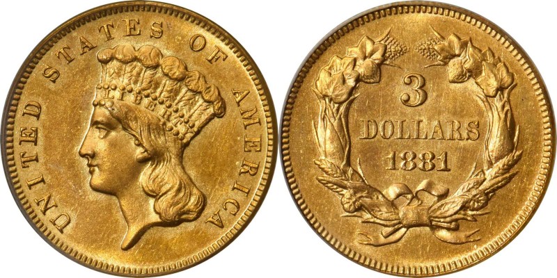 Three-Dollar Gold Piece
1881 Three-Dollar Gold Piece. MS-61 (PCGS). OGH.
This ...