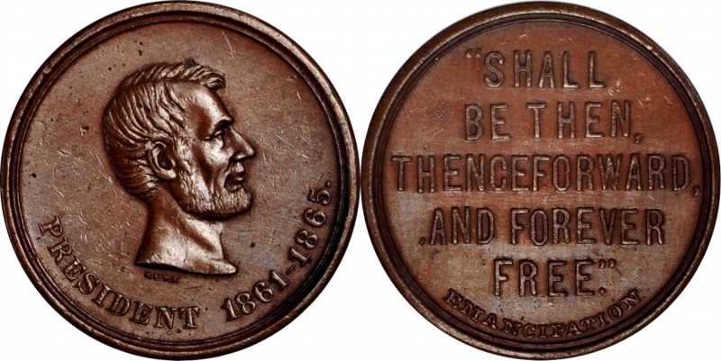 Lincolniana
"1861-1865" Emancipation Medal. Cunningham 7-150C1, King-240. Coppe...