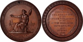 Commemorative Medals
1883 Charleston Centennial Medal. By Charles E. Barber. Julian CM-12. Bronze. Mint State, Obverse Spot.
57.8 mm.
Estimate: $20...