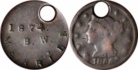 Militaria
1874 Dog Tag fashioned out of an 1855 Slanting 5s Braided Hair cent.
Holed for suspension. The reverse of the host coin has been planed of...