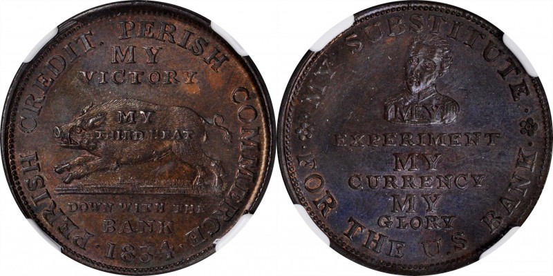 Hard Times Tokens
1834 Running Boar. HT-9, Low-8, W-10-210a. Rarity-1. Copper. ...