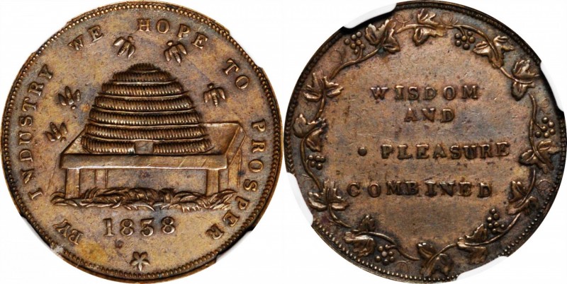 Hard Times Tokens
1838 Beehive. HT-83, Low-194, W-Unlisted. Rarity-4. Brass. Pl...