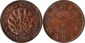 Hard Times Tokens
Illinois--Chicago. "1837" (ca. 1900-1906) C.D. Peacock. Rulau HT-M19. Rarity-2. Copper. Plain Edge. MS-62 BN (PCGS).
31 mm.
Estim...