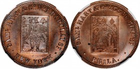 Merchant Tokens
Pennsylvania--Philadelphia. Undated (1854-1857) Saml. Hart & Co. Miller-Pa 197A. Copper. Reeded Edge. MS-64 RB (NGC).
29 mm.
Estima...