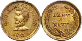 Patriotic Civil War Tokens
1863 McClellan Portrait / Army & Navy. Fuld-141/307 b. Rarity-8. Brass. Plain Edge. MS-65 (PCGS).
19.5 mm.
From the Sher...