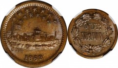 Patriotic Civil War Tokens
1863 Monitor / OUR NAVY. Fuld-240/337 a. Rarity-1. Copper. Plain Edge. MS-66 BN (NGC).
19 mm.
Estimate: $150