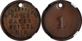 Civil War Store Cards
Minnesota--St. Paul. Undated (1861-1865) DeWitt C. Greenleaf. Fuld-760A-1a. Rarity-5. Copper. Plain Edge. No. 1. AU Details--Ho...
