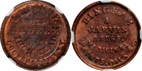 Civil War Store Cards
New York--Cooperstown. Undated (1861-1865) George L. Bowne. Fuld-145B-1a. Rarity-3. Copper. Plain Edge. MS-65 RB (NGC).
18 mm....