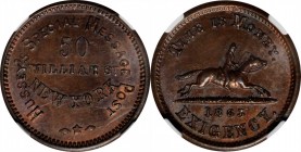 Civil War Store Cards
New York--New York. 1863 Hussey's Special Message Post. Fuld-630AK-1a. Rarity-1. Copper. Plain Edge. MS-64 BN (NGC).
19 mm.
E...