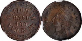 Civil War Store Cards
Ohio--Cincinnati. 1862 John Zeltner. Fuld-165GY-26a. Rarity-7 Copper. Plain Edge. MS-63 BN (NGC).
19 mm.
Estimate: $100