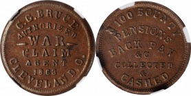 Civil War Store Cards
Ohio--Cleveland. 1863 C.G. Bruce. Fuld-175C-16a. Rarity-7. Copper. Plain Edge. MS-63 BN (NGC).
19 mm.
Estimate: $150