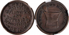 Civil War Store Cards
Ohio--Newcomerstown. Undated (1861-1865) A.S. Twiford. Fuld-610A-1a. Rarity-6. Copper. Plain Edge. AU-58 BN (NGC).
19 mm.
Est...