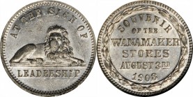 Late 19th and 20th Century Tokens
Pennsylvania--Philadelphia. 1908 John Wanamaker Stores. Rulau-Phl 123. White Metal. Plain Edge. MS-63 (NGC).
19 mm...