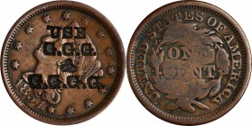 Counterstamps
New Hampshire--Exeter. USE / G.G.G. / & / G.G.G.G on an 1854 Braided Hair cent. Brunk G-10, Rulau NH-151. Host coin Fine.
Acquired Mar...