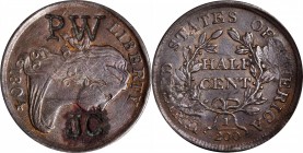 Counterstamps
PW / JC on the obverse of an 1804 Plain 4, Stemless Wreath Draped Bust half cent. Brunk-Unlisted, Rulau-Unlisted. Host coin Extremely F...