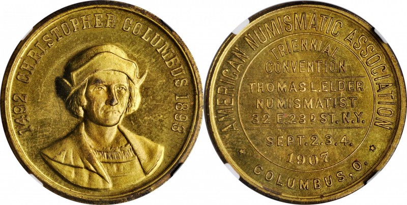 Elder Tokens
1907 Thomas L. Elder ANA Triennial Convention Medal. DeLorey-9, Eg...