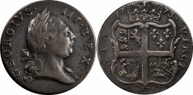 Virginia Halfpenny
1773 Virginia Halfpenny. Newman 24-K, W-1570. Rarity-1. Period After GEORGIVS, 7 Harp Strings. Very Fine, Porous.
113.8 grains.
...
