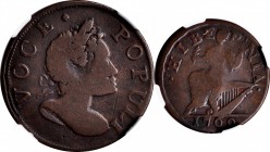 Voce Populi Halfpenny
1760 Voce Populi Halfpenny. Nelson-2, W-13940. Rarity-3. "1700." VG-10 BN (NGC).
PCGS# 274. NGC ID: 2AUC.
Estimate: $150