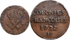 Sou, or 9 Deniers
1722/1-H Sou, or 9 Deniers. La Rochelle Mint. Martin 2.14-C.4, W-11835. Rarity-4. VF-20 (PCGS).
PCGS# 170195.
Estimate: $300