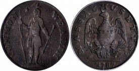 Massachusetts Cent
1787 Massachusetts Cent. Ryder 2b-A, W-6040. Rarity-2. Arrows in Left Talon, Horned Eagle. Fine-15 (PCGS). OGH.
The Horned Eagle ...